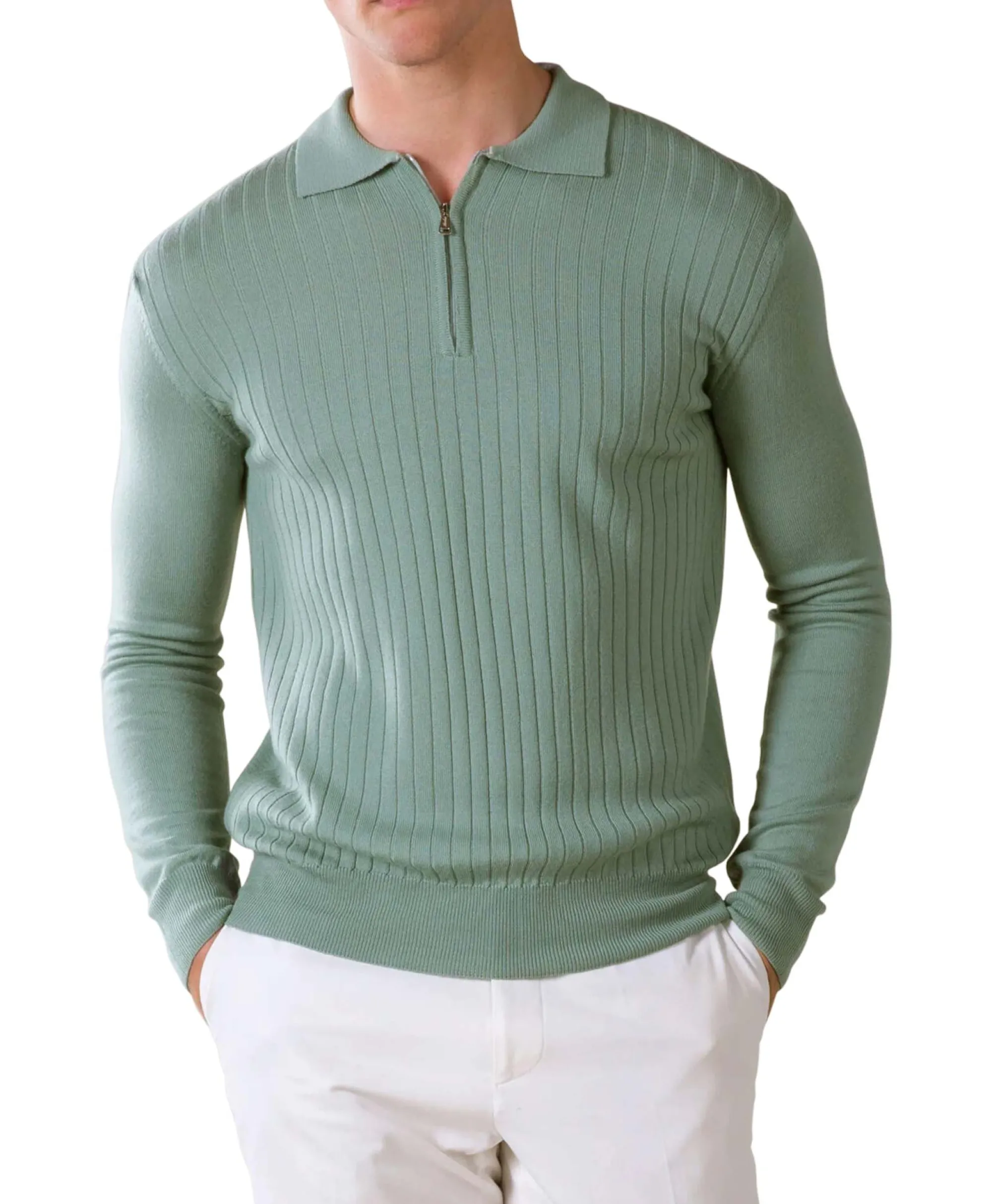 Aurelien Pullover Rib Zip Polos Ls Licht Groen*Heren Truien