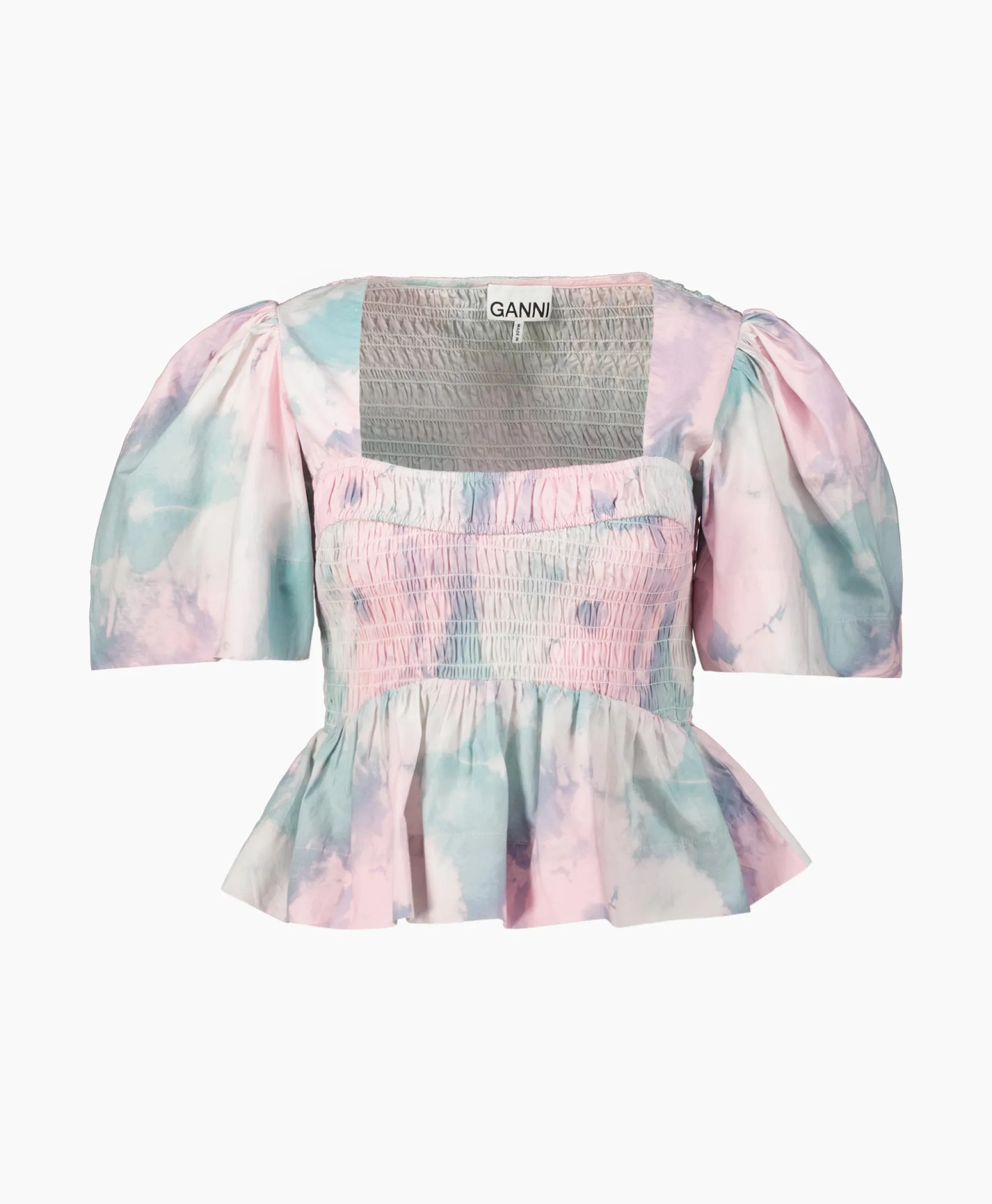 Ganni Blouse Printed Cotton Open-Neck Smock Rose*Dames Blouses